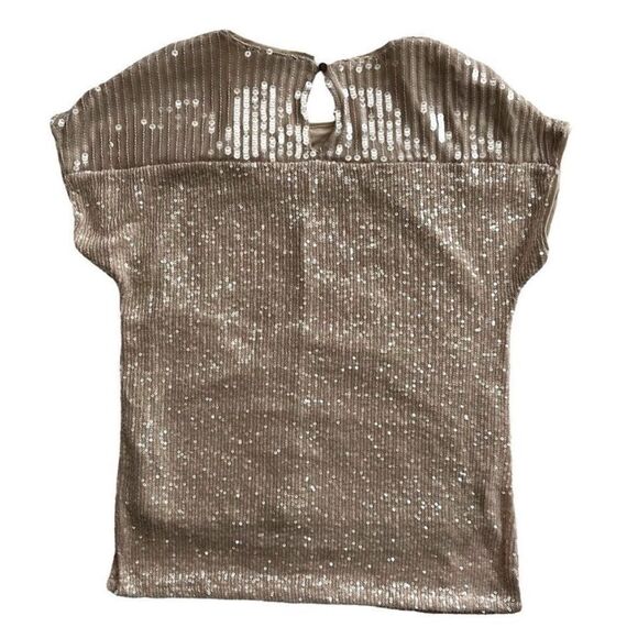 Cable & Gauge Sequin Embellished Tan Top Sequin Embellished Blouse Buffsequin - Picture 2 of 5